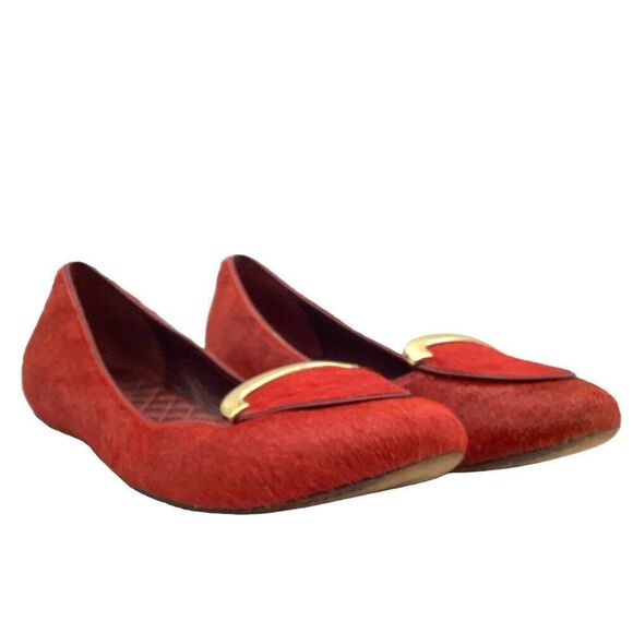 $295 TORY BURCH Jess Calf Hair Flats 7.5 Brick Red Smoking Slipper Ballet Loafer - Picture 2 of 11